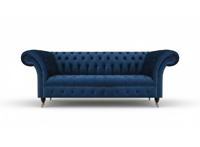 Sofá de salón Chesterfield azul oscuro de diseñador de tres plazas