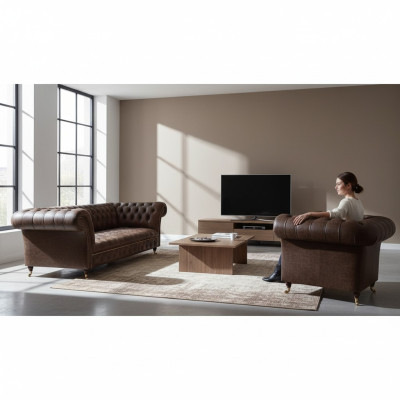 Sofá Chesterfield de cuero artificial marrón para la sala de estar de tres plazas y dos plazas