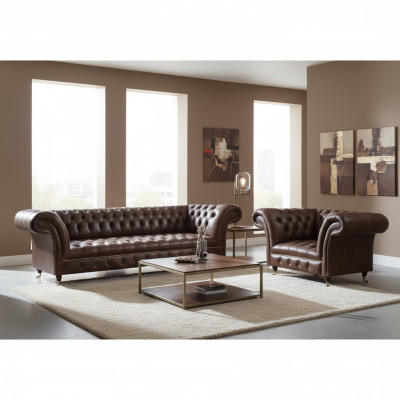 Sofá Chesterfield de cuero artificial marrón para la sala de estar de tres plazas y dos plazas
