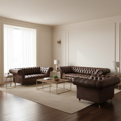 Sofá de cuero Chesterfield marrón para sala de estar 4 plazas 2 plazas sillón