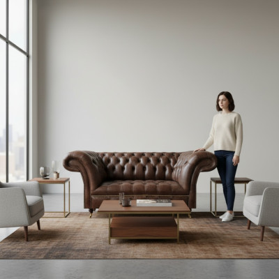 Sofá Chesterfield de cuero marrón de dos plazas. Muebles de diseño moderno para la sala de estar.