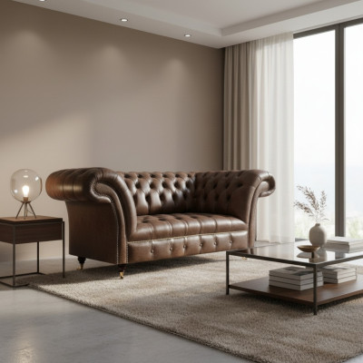Sofá Chesterfield de cuero marrón de dos plazas. Muebles de diseño moderno para la sala de estar.