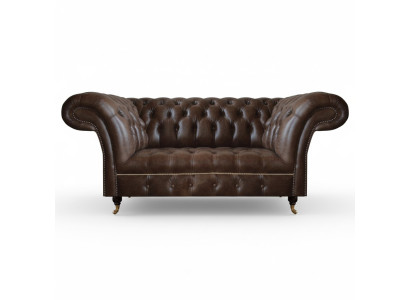 Sofá Chesterfield de cuero marrón de dos plazas. Muebles de diseño moderno para la sala de estar.