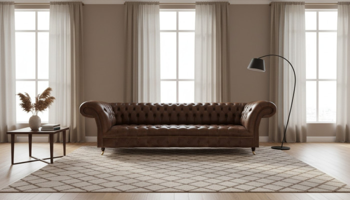 Sofá de cuero marrón Chesterfield de 4 plazas, sofá de cuero moderno.