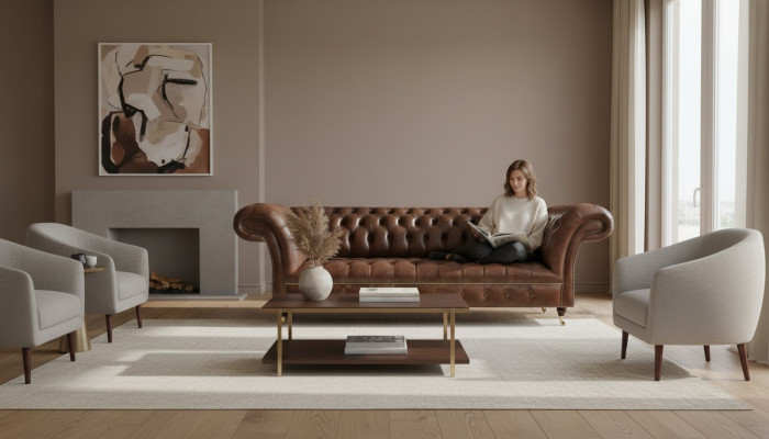 Sofá de cuero Chesterfield marrón para la sala de estar del diseñador Sofás Muebles robustos