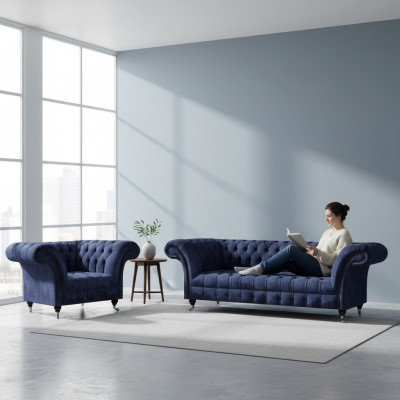 Sofá de tela Chesterfield azul para la sala de estar, juego de muebles tapizados de 2 piezas.