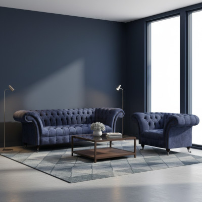 Sofá de tela Chesterfield azul para la sala de estar, juego de muebles tapizados de 2 piezas.
