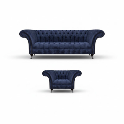 Sofá de tela Chesterfield azul para la sala de estar, juego de muebles tapizados de 2 piezas.