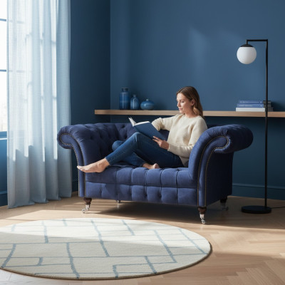 Sofá tapizado Chesterfield azul para la sala de estar, de 2 plazas, muebles de lujo y de alta calidad.