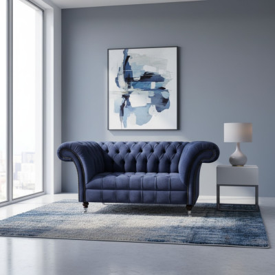Sofá tapizado Chesterfield azul para la sala de estar, de 2 plazas, muebles de lujo y de alta calidad.