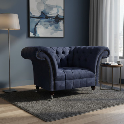Sillón monocasco de una plaza Chesterfield azul oscuro para sala de estar, nuevo.