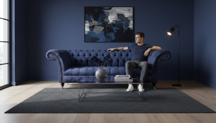 Sofá Chesterfield azul oscuro, mueble tapizado de tela.