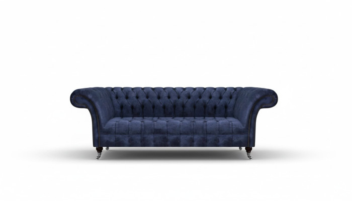 Sofá Chesterfield azul oscuro, mueble tapizado de tela.