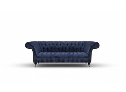 Sofá Chesterfield azul oscuro, mueble tapizado de tela.