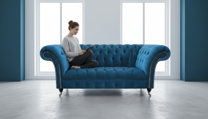 Sofá Chesterfield de lujo azul para la sala de estar con asientos de tela, elegante sofá de tres plazas.
