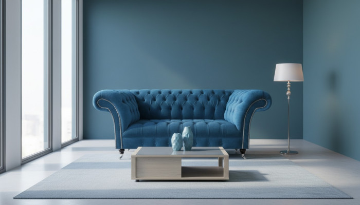 Sofá Chesterfield de lujo azul para la sala de estar con asientos de tela, elegante sofá de tres plazas.