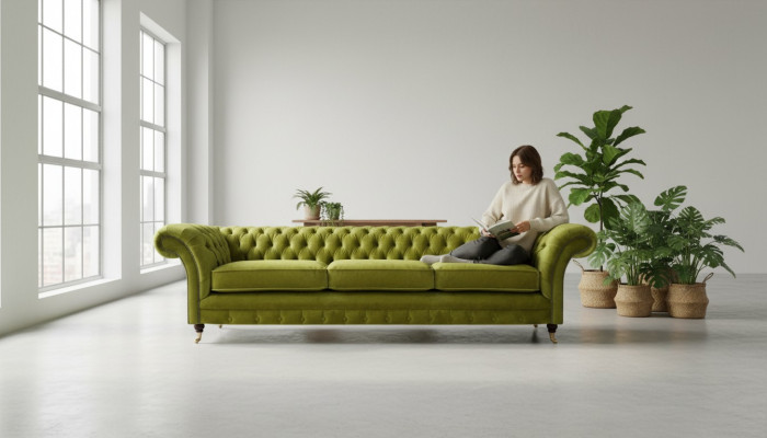 Sofá tapizado Chesterfield verde oliva con función de cama para sala de estar.