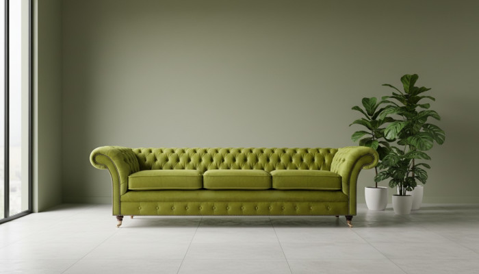 Sofá tapizado Chesterfield verde oliva con función de cama para sala de estar.
