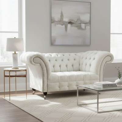 Sofá de diseño Chesterfield para salón en blanco de dos plazas.