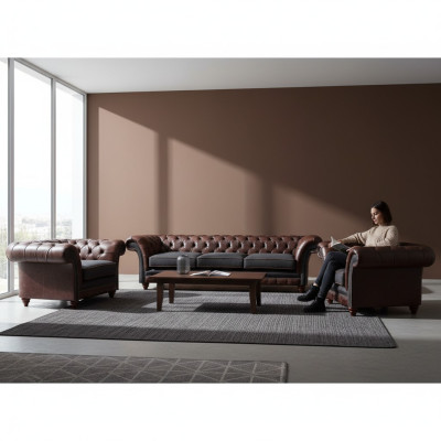 Sofá Chesterfield en gris marrón 2 sillones de cuero de 3 plazas, conjunto de 3 piezas