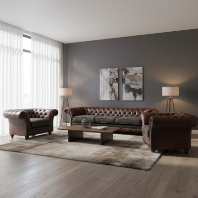 Sofá Chesterfield en gris marrón 2 sillones de cuero de 3 plazas, conjunto de 3 piezas