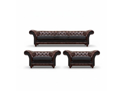 Sofá Chesterfield en gris marrón 2 sillones de cuero de 3 plazas, conjunto de 3 piezas
