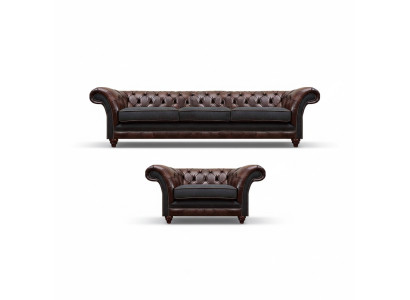 Sofá de cuero marrón Chesterfield, conjunto de tres plazas, sillón tapizado de lujo.