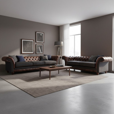 Chesterfield conjunto de sofás de salón marrón-gris moderno, 2 piezas.