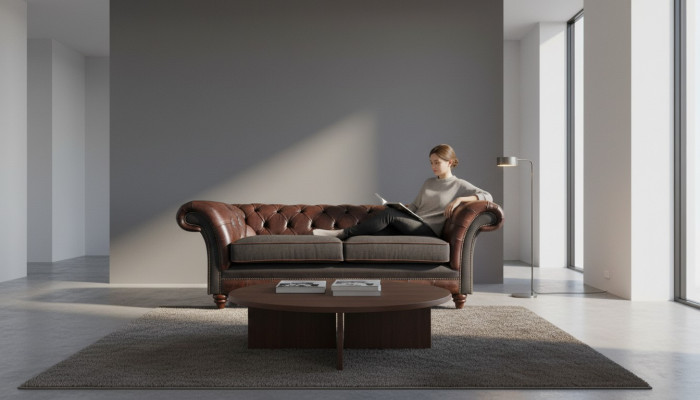 Sofás tapizados de dos plazas Chesterfield marrón-gris para la sala de estar.
