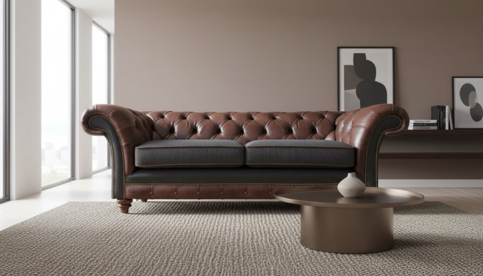 Sofás tapizados de dos plazas Chesterfield marrón-gris para la sala de estar.
