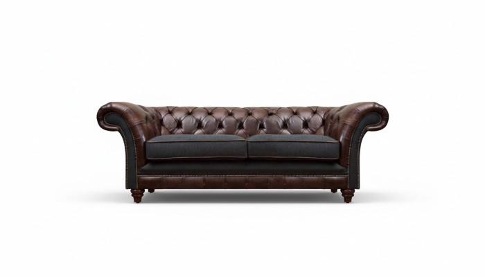 Sofás tapizados de dos plazas Chesterfield marrón-gris para la sala de estar.