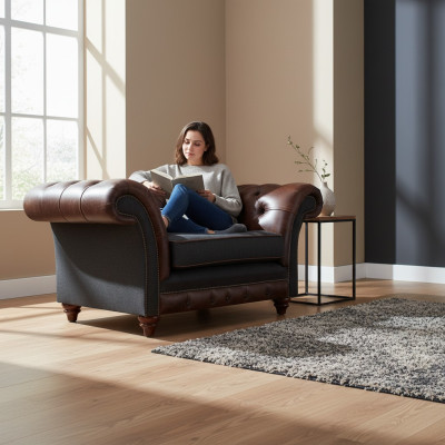Sillón Chesterfield marrón-gris para sala de estar, de una plaza, muebles modernos y elegantes.
