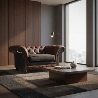 Sillón Chesterfield marrón-gris para sala de estar, de una plaza, muebles modernos y elegantes.