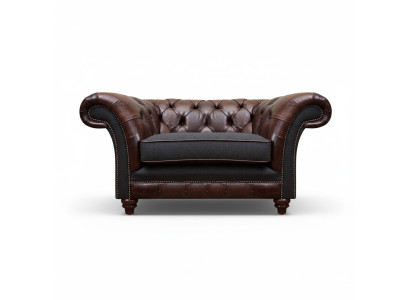 Sillón Chesterfield marrón-gris para sala de estar, de una plaza, muebles modernos y elegantes.