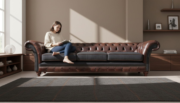 Sofás tapizados de lujo Chesterfield de tres plazas en marrón-gris para la sala de estar.