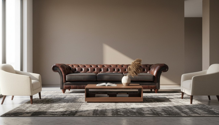 Sofás tapizados de lujo Chesterfield de tres plazas en marrón-gris para la sala de estar.