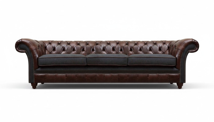 Sofás tapizados de lujo Chesterfield de tres plazas en marrón-gris para la sala de estar.