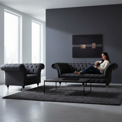 Chesterfield conjunto de tela negra de diseñador, sillón de 3 plazas, 2 piezas