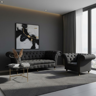 Chesterfield conjunto de tela negra de diseñador, sillón de 3 plazas, 2 piezas