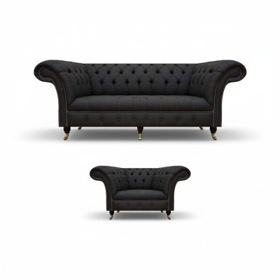 Chesterfield conjunto de tela negra de diseñador, sillón de 3 plazas, 2 piezas