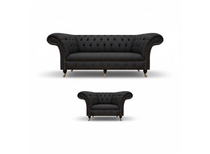 Chesterfield conjunto de tela negra de diseñador, sillón de 3 plazas, 2 piezas