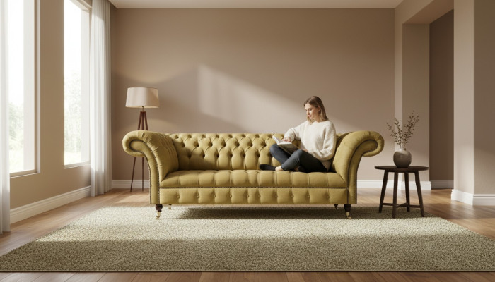 Sofá amarillo Chesterfield para la sala de estar, tres plazas, muebles de lujo y elegantes.