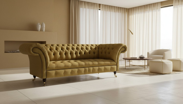 Sofá amarillo Chesterfield para la sala de estar, tres plazas, muebles de lujo y elegantes.