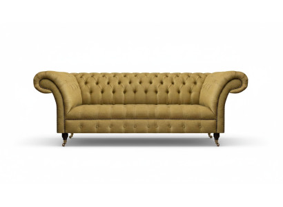 Sofá amarillo Chesterfield para la sala de estar, tres plazas, muebles de lujo y elegantes.