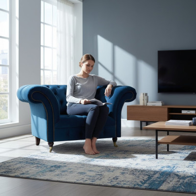 Sillón Chesterfield de una plaza en azul oscuro para la sala de estar, diseño de tapicería.