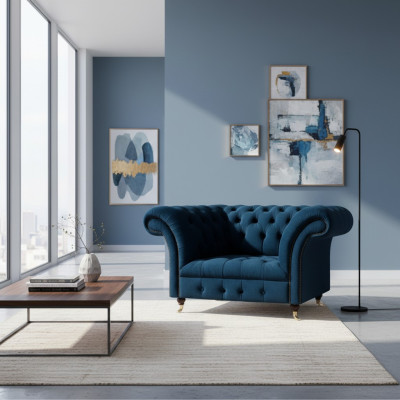 Sillón Chesterfield de una plaza en azul oscuro para la sala de estar, diseño de tapicería.