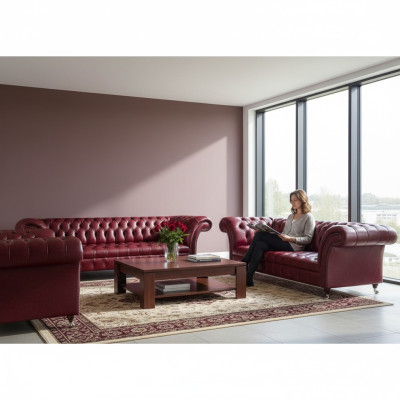 Sofá de cuero Chesterfield color rojo oscuro, sofás de cuero de diseñador, sofás-cama.