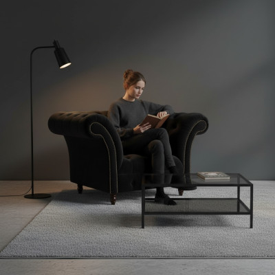 Chesterfield - Sillón de cuero negro, mobiliario tapizado, sala de estar, 1 plaza, nuevo.