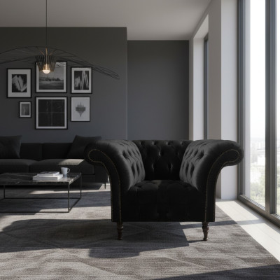 Chesterfield - Sillón de cuero negro, mobiliario tapizado, sala de estar, 1 plaza, nuevo.