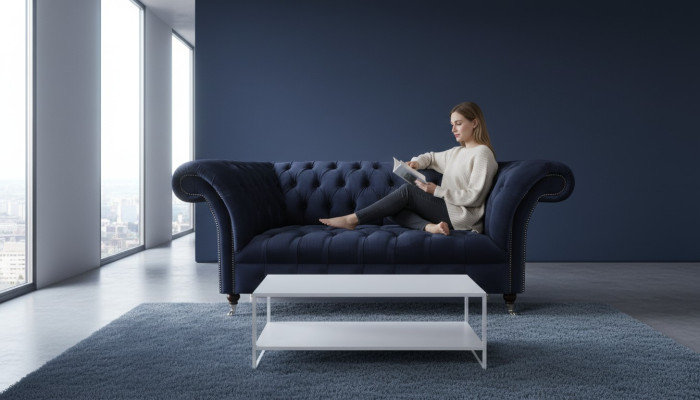 Sofá tapizado Chesterfield azul marino de la sala de estar, sofá de tela, muebles modernos.